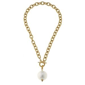 Chunky Gold Tone Chain Necklace with Large White Pearl Pendant Toggle Clasp